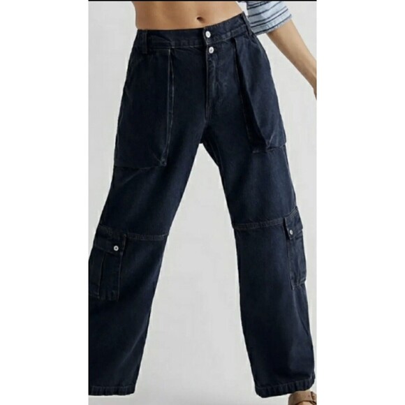 Free People Marx Slouchy Cargo Jeans Tab Button Detail Wide Leg Black Sz 30 NWT - Picture 7 of 16